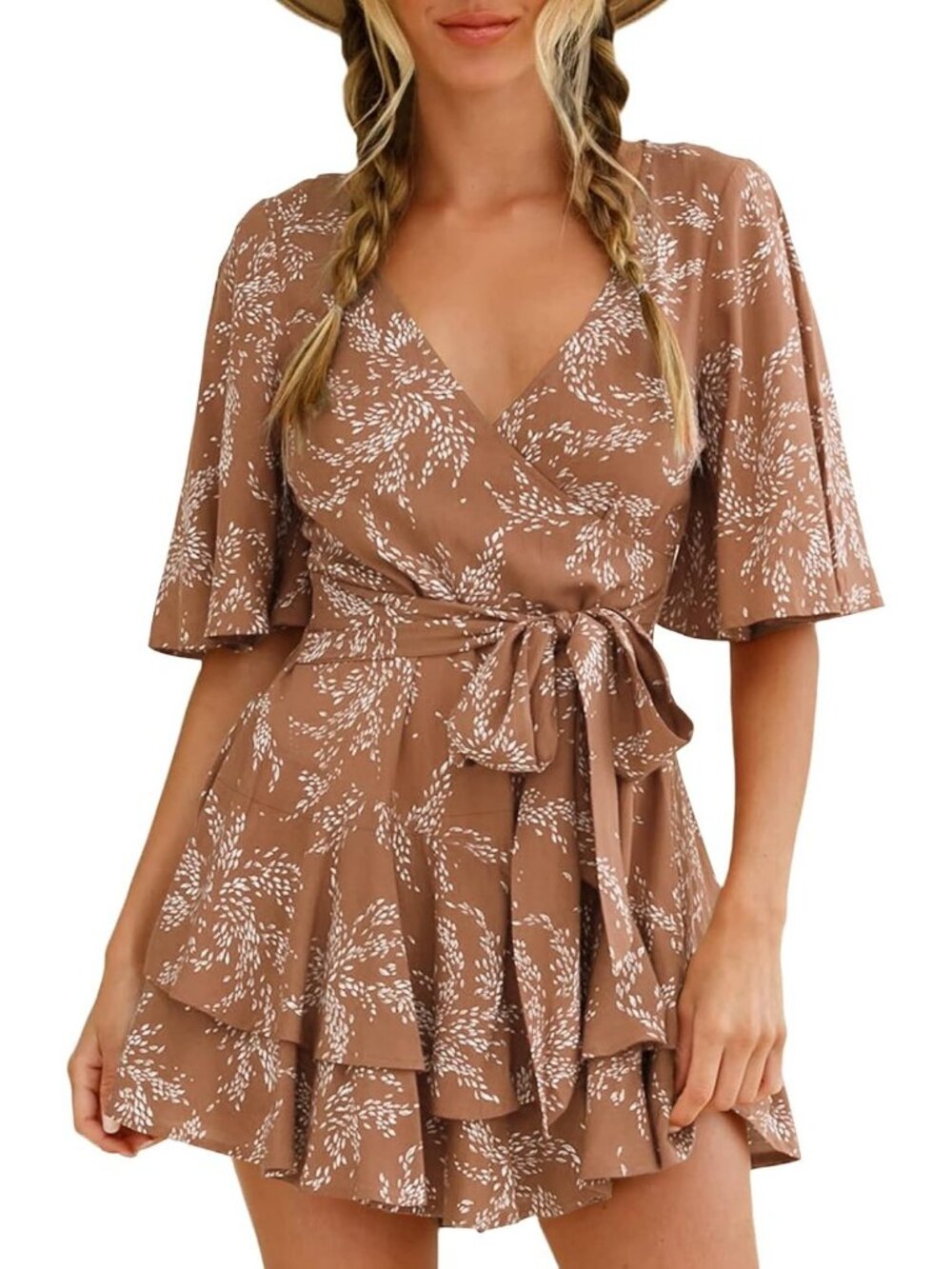 Women's Pale Brown Short Flared Sleeve V Neck Floral Print Waist Tie Romper